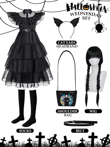 Vista 3 de Wednesday Addams - Disfraz para niñas, disfraz de Addams, disfraz de Halloween, disfraz de Navidad, fiesta