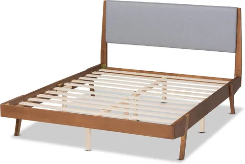Vista 5 de Baxton Studio Senna Mid-Century - Cama de plataforma tapizada de tela gris moderna y acabado marrón nogal, tamaño King