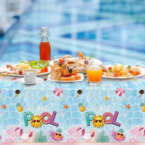 Vista 5 de Mantel de mesa para decoración de fiesta, 3 paquetes de mantel de plástico rectangular desechable para piscina de verano, baby shower, cumpleaños