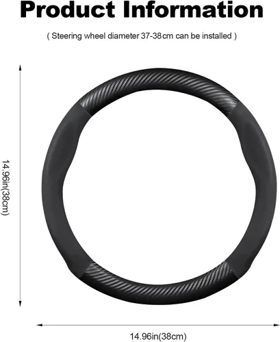 Vista 7 de Ergocar Funda para Volante de Forma Redonda de Fibra de Carbono y Cuero PU de Microfibra Antideslizante Protector de Volante de Automóvil Negro