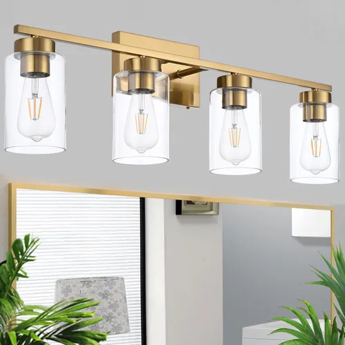Vista 14 de Lámpara de tocador de baño de 3 luces, modernas luces de pared negras con pantallas de vidrio transparente, lámpara de pared de baño para espejo 3