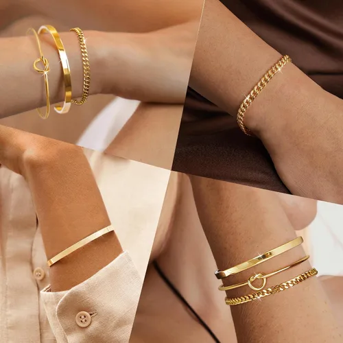 Vista 3 de Delicado juego de pulseras de cadena de oro para mujer, chapado en oro real de 14 quilates, pulseras de cadena de eslabones para mujer, pulseras