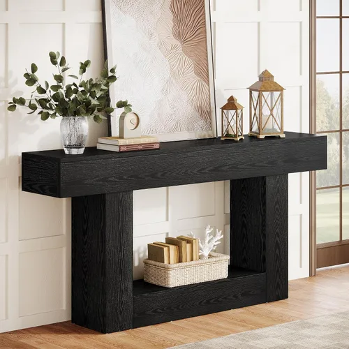 Vista 3 de Tribesigns Mesa consola de 63 pulgadas de largo, mesa de entrada de 2 niveles con almacenamiento, mesa de madera de granja detrás del sofá para sala