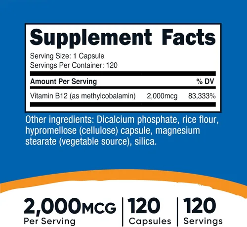 Vista 2 de Nutricost Vitamina B12 (Metilcobalamina) 2000mcg, 120 Cápsulas - Cápsulas Vegetarianas, Sin OGM, Suplemento de B12 Sin Gluten