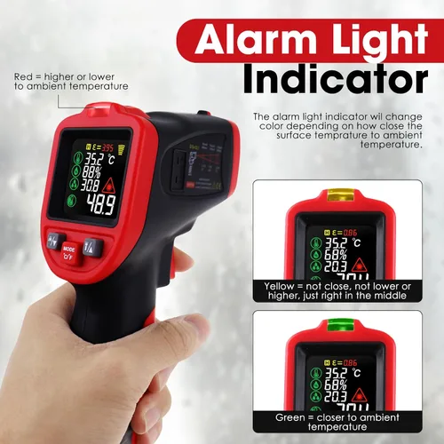 Vista 7 de Termómetro infrarrojo IR láser pistola de temperatura 58 ° ~ 1562 °F con termopar tipo K y abrazadera de plomo, termómetro digital con abrazadera