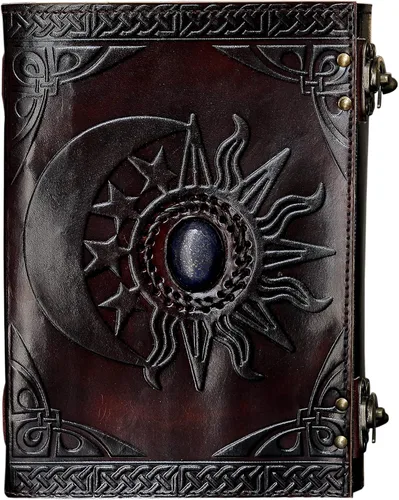 Vista 2 de Diario de cuero C Leather con relieve de sol y luna y hermosa piedra azul, cuaderno, planificador, organizador, libro de bocetos, libro en blanco