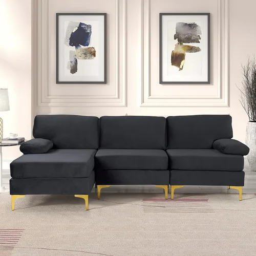 Vista 14 de Sofá modular moderno en forma de L, con diván extra ancho y patas doradas Gris