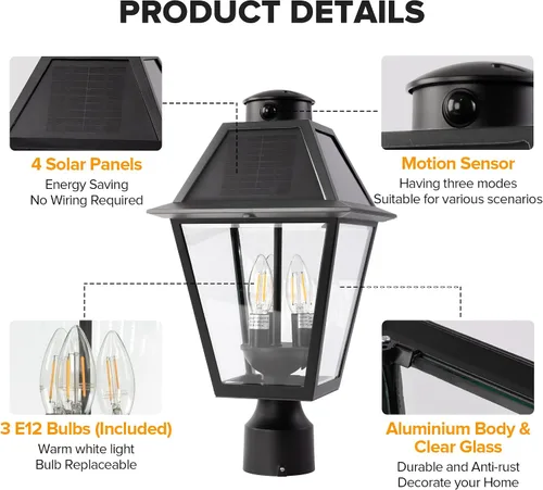 Vista 4 de LUTEC Lámpara de poste solar al aire libre con sensor de movimiento, luz de poste impermeable del atardecer al amanecer con tres modos, accesorios