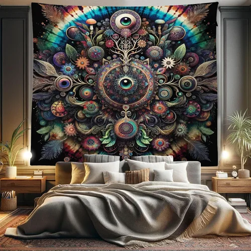 Vista 141 de Ambesonne Tapiz Trippy, vista panorámica de la cascada con bosques de ensueño y mandala oriental psicodélico, decoración de tela para colgar