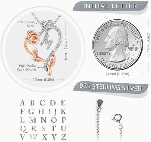 Vista 3 de SNZM Initial Necklaces for Women-925 Sterling Silver Rose Heart Letter Pendant Necklace with 5A Cubic Zirconia Dainty Jewelry Birthday Valentines