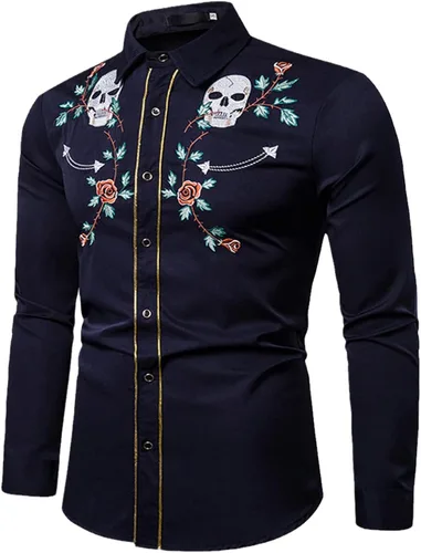 Vista 2 de YZ-Henoeng Camisas para hombre, ajustadas, manga larga, con bordado de calavera de rosa, estilo occidental, ropa de calle