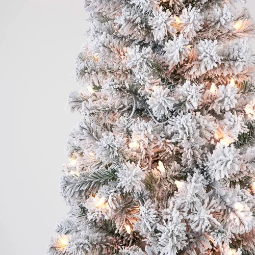 Vista 4 de Árbol de Navidad artificial de lápiz flocado con luces de 7.5 pies, árbol de Navidad preiluminado artificial con 350 luces transparentes, árboles