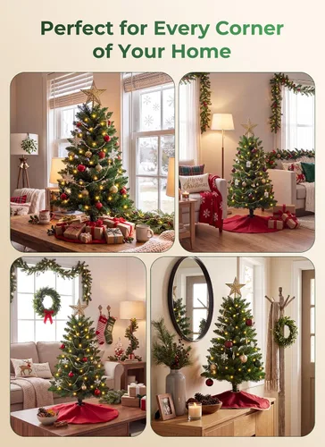 Vista 6 de Árbol de Navidad artificial pequeño de 3 pies, mini árbol de mesa Pequeño árbol de Navidad con luces, funciona con pilas, base estable, decoración