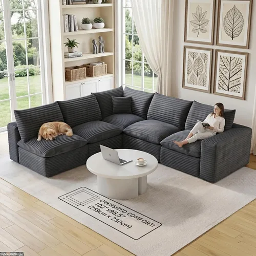 Vista 21 de 118" Cloud Couch Oversized Modular Sectional Sofa, Boneless L-Shaped 6 Seater Deep Seat Couch with Ottoman, Soft Corduroy Upholstery, DIY Negro