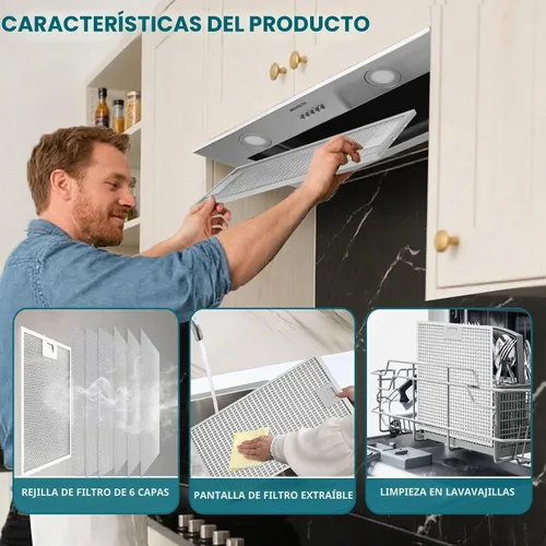 Vista 4 de Campana extractora integrada/insertada de 400 CFM de 24 pulgadas, ventilación de cocina convertible con conductos/sin conductos con luces LED de 3