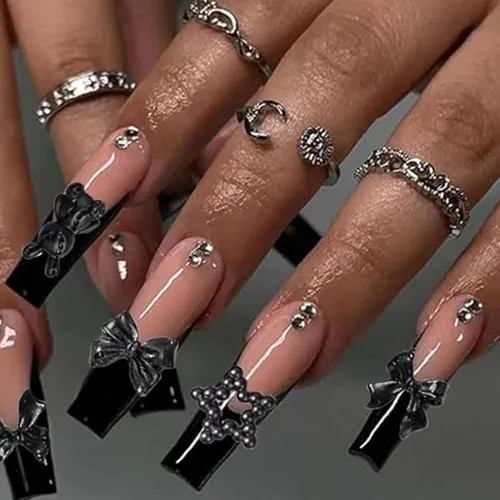 Vista 4 de 450 piezas de dijes de uñas de perlas 3D negras de múltiples formas, dijes de perlas planas de COOSLIM, corazones, moños, estilos mixtos, estrellas