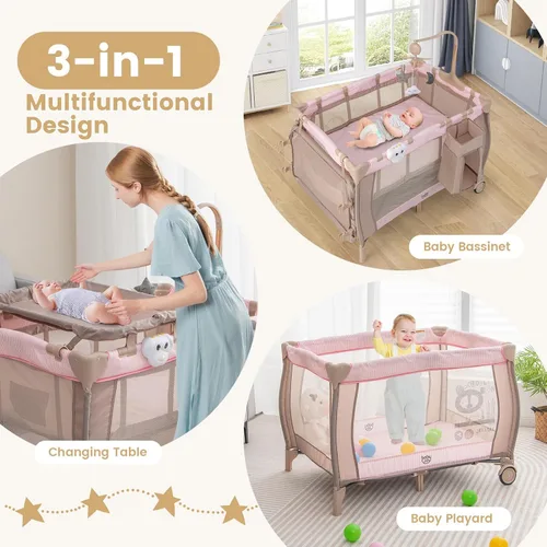Vista 2 de Costzon 3 en 1 Rosa Pack and Play con Moisés, Corralito Portátil para Bebé con Mesa Cambiadora, Caja de Música, Juguetes Giratorios, Ruedas/Freno