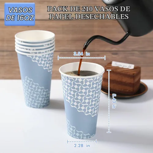 Vista 4 de MUCHII Tazas de café de papel de 16 onzas, vasos de papel desechables, 210 unidades, vasos de papel desechables para bebidas calientes, tazas