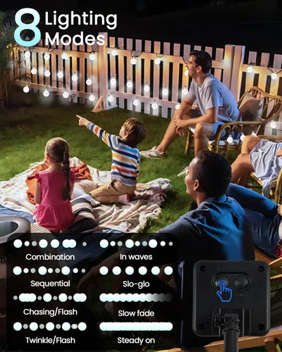 Vista 5 de LORRYTE Tira de luces solares para exteriores, 50 luces LED de 32 pies, impermeables, con energía solar, luces de globo de cristal para exteriores