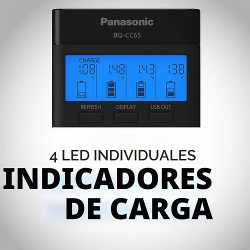 Vista 5 de Panasonic K-KJ65KHA4BA Cargador rápido súper avanzado de 4 posiciones con panel indicador LCD, puerto de carga USB y 4AA eneloop pro