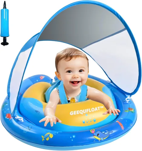 Vista 9 de Flotador de piscina para bebé con toldo y consola de juguetes, asiento seguro ajustable, parasol UPF50+ extraíble, flotador de piscina infantil