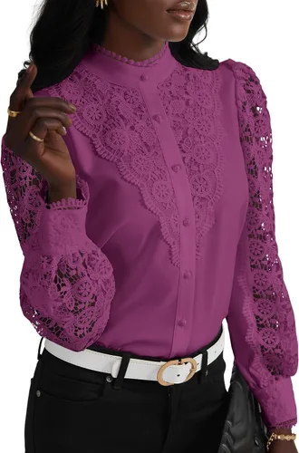 Vista 11 de Rooscier Blusa Elegante de Encaje de Crochet con Cuello Alto Simulado de Manga Larga con Botones para Mujer Top