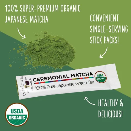 Vista 4 de Two Leaves and a Bud Té verde matcha ceremonial orgánico, 100% polvo de matcha japonés, palitos de una sola porción de 0.05 onzas preporcionadas