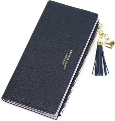 Vista 8 de Sumgogo - billetera delgada para mujer, con borlas largas, cierre zipper, monedero, bolso de mano, tarjetero, Negro, Grande, Minimalista