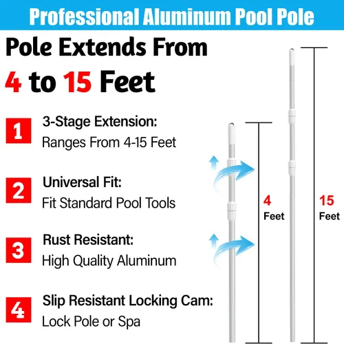 Vista 2 de YEECHUN Pértiga Profesional para Piscina de 15 Pies Telescópica de Aluminio Compatible con Red de Piscina Rastrillo Desnatador Cabezal de Aspiradora