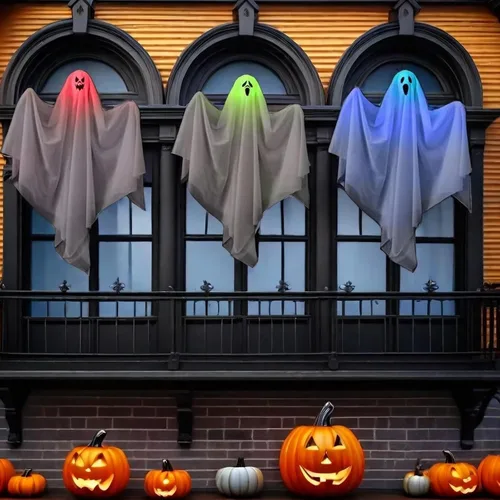 Vista 6 de Paquete de 3 decoraciones de fiesta de Halloween de 25.5 pulgadas, fantasmas colgantes lindos para patio delantero, patio, césped, jardín