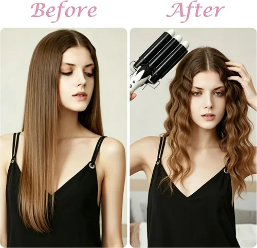 Vista 6 de Crimpadora de cabello rizador de tres barriles: herramienta de pelo Aleath de doble voltaje, rizador de hierro de 1 pulgada y 3 barriles