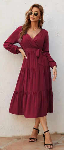 Vista 3 de Kormei Vestido largo de manga larga con cuello en V para mujer, casual, acampanado, para otoño, vintage, para fiesta, largo por debajo
