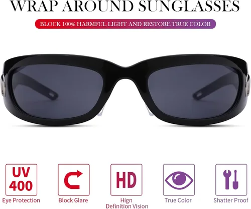 Vista 6 de Haygafe Gafas de sol envolventes para mujeres y hombres a la moda geniales Y2K gafas de sol futuristas negrogris NegroGris