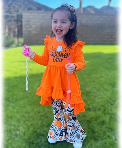 Vista 3 de HINTINA Conjunto de ropa de manga larga con volantes para niña pequeña, con estampado floral, para otoño e invierno