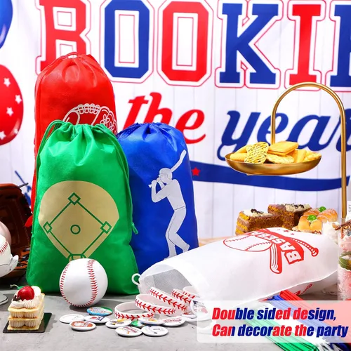 Vista 2 de Tondiamo 16 bolsas de béisbol para fiestas de béisbol, bolsa de béisbol con cordón para niños, paquete de golosinas no tejidas para regalo de fiesta