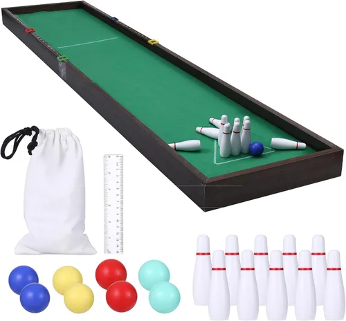 Vista 9 de Sterling Games Tabletop Bowling Combo Set, Wooden Arcade Board with Marbles and Pins, Indoor Table Top Game for Kids and Family