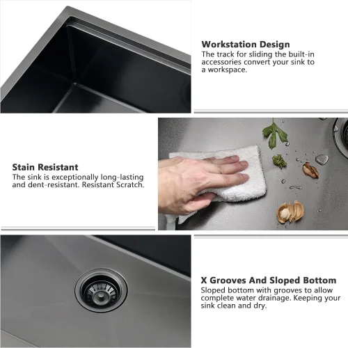 Vista 5 de Fregadero negro de 24 pulgadas para casa de campo, fregadero de cocina de 24 x 22 pulgadas con delantal frontal, acero inoxidable de calibre 16