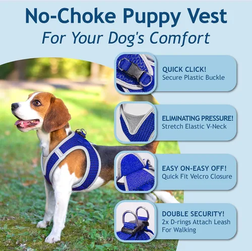 Vista 2 de KZA308 Arnés reflejante con cuello en V de malla para perro, sin jalones, facilita el paseo, ajuste rápido, cómodo, con velcro ajustable