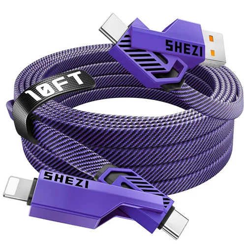Vista 13 de SHEZI [Actualizado 2.0] 4-en-1 Cable USB C Corto 60W 0.6 Pies Carga Rápida [Sincronización de Datos 480Mbps] Cargador Combo de Cordón Plano Trenzado