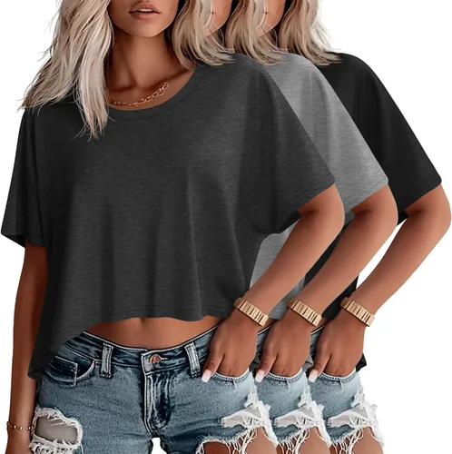 Vista 17 de Huukeay Paquete de 3 camisetas recortadas de gran tamaño para mujer, manga corta, holgadas, cuello redondo, holgadas, para entrenamiento