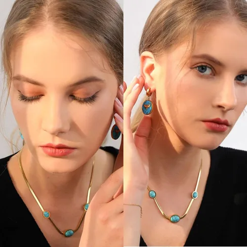 Vista 2 de Fannifen - Collares para mujer, cadena de espiga turquesa chapada en oro de 18 quilates, colgante ajustable para mujer, collar para niñas
