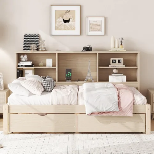 Vista 12 de Harper & Bright Designs Sofá cama de tamaño individual con estantes de almacenamiento, cajones y nido, marco de cama de esquina doble de madera