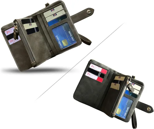 Vista 5 de PofeeXIO Cartera de cuero pequeña para mujer Bifold RFID con muñequera para damas, ranura para tarjetas, ventana para identificación, monedero