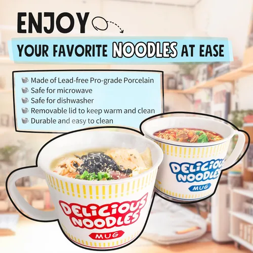 Vista 3 de Sophie & Panda Tazón Taza de Fideos Instantáneos de Porcelana con Asa de 34 Oz - Un Accesorio Imprescindible para Cualquier Persona que Ama