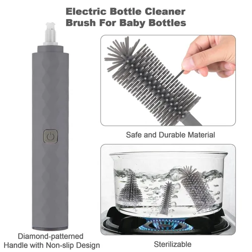 Vista 4 de Juego de limpiador eléctrico para biberones, recargable, cepillo de silicona para botellas, limpiador de pezones y pajitas. Cepillo giratorio