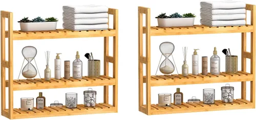Vista 8 de Estante Domax de bambú, para baño, 3 niveles de montaje en pared, multifuncional, capa ajustable, de pie, para colocar por encima del inodoro