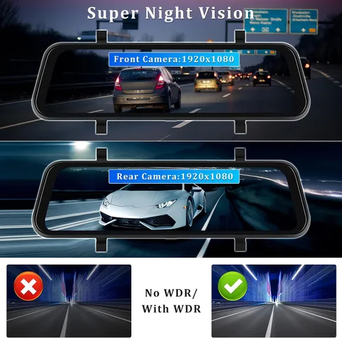 Vista 3 de Cámara de espejo retrovisor con Carplay y Android Auto, 9.66 pulgadas 1080P espejo Dash Cam frontal y trasera con control de voz