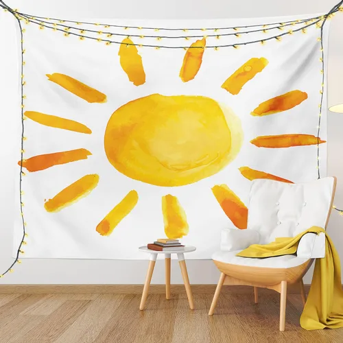 Vista 9 de Ambesonne Tapiz grunge, ilustración de sol, pincel de acuarela, estilo de pintura, imagen de sala de juegos, decoración de tela para colgar