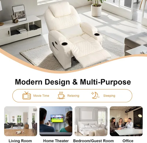 Vista 9 de AHMED Silla reclinable eléctrica con masaje por vibración y calor para adultos, asiento de cine en casa de piel sintética con portavasos, luces LED