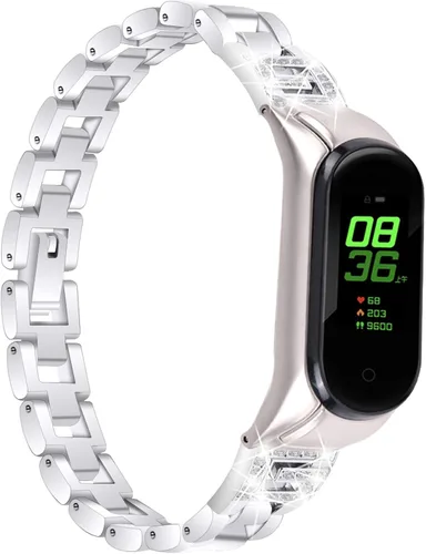 Vista 8 de Mi Band 4 Correa de fitness, pulsera de acero inoxidable con diamantes de imitación para mujer, elegante correa de repuesto delgada, ajustable Negro